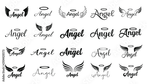 Photography Handwritten angel word typography design with wings and halo elements in various
