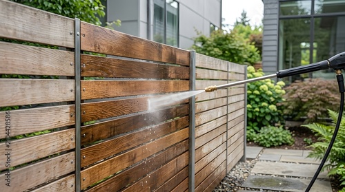 Professional power washing of wooden privacy fence reveals clean timber surface under dirty layer during backyard maintenance project in summer day.