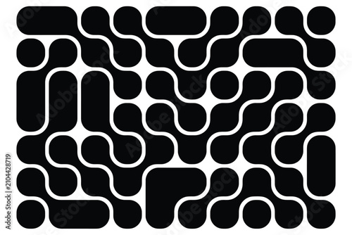 Abstract pattern of interconnected black rounded shapes and blobs forming a continuous maze-like network on a white background