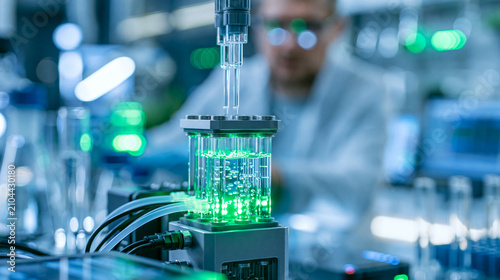 Close-up of a solid oxide electrolysis cell producing green hydrogen from water, clean fuel production technology, defocused lab in background, green hydrogen electrolysis concept