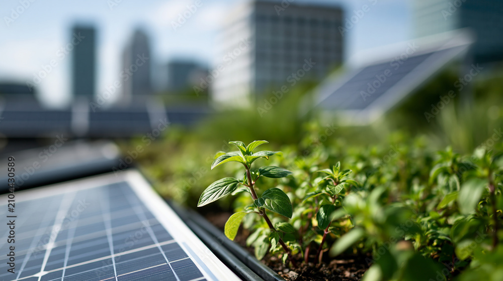 Naklejka premium Close-up of a building's green rooftop garden with solar panels visible in the background, urban sustainability detail, defocused rooftop and skyline in background, rooftop garden