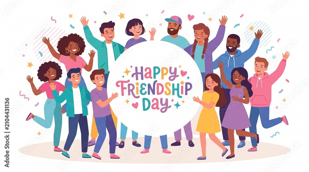 Fototapeta premium Diverse group of young people celebrating friendship day with sign with adults holding friendship multicultural relationship illustration with celebration