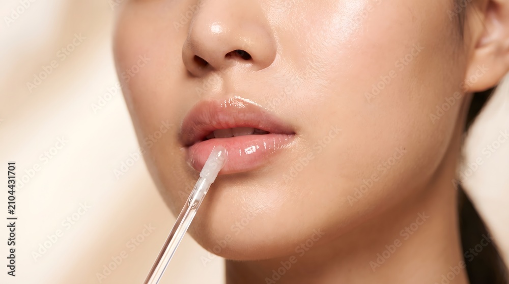 Naklejka premium Close Up Woman Applying Shiny Lip Gloss With Applicator Beauty Makeup