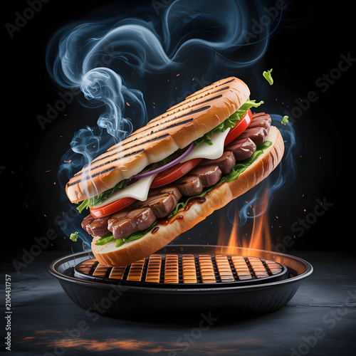 Grilled Steak Sandwich with Melted Cheese and Fresh Vegetables on Barbecue Grill