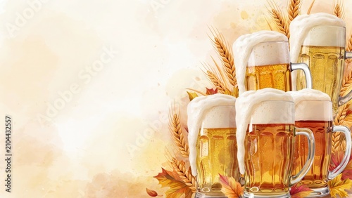 Mugs of beer with foam and wheat ears, decorated with autumn leaves