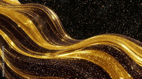 Golden waves of glitter flow through a dark space creating a rich, shiny pattern