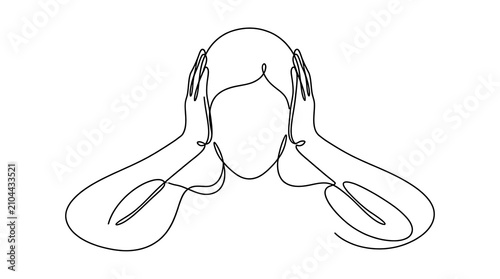Minimalist continuous line art drawing of a person covering their ears with hands listening minimalist illustration