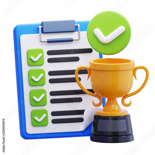 Bild auf Leinwand 3D Illustration of a Completed Checklist and Golden Trophy Representing Goal Ach