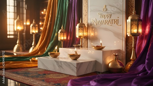 A Luxurious Commercial Photography Scene Featuring Elegant Festive Decor With Golden Oil Lamps And Vibrant Drapes For Navaratri Celebrations