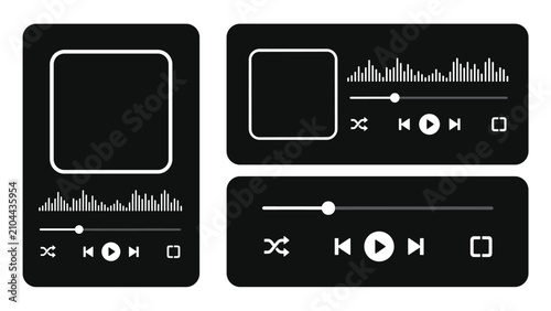 Foto Black and white music player interface with playback controls, progress bars, an