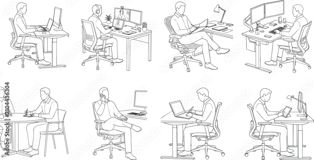 Obraz premium Line art vector set of office workers and businessmen working at desk in different corporate poses
