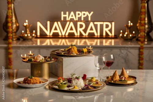 A Sophisticated Restaurant Scene Celebrating Navaratri With Traditional Festive Indian Cuisine and Warm Illuminated Festive Decor