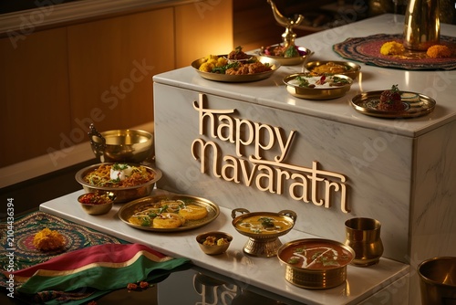 Luxury Traditional Indian Feast Celebrating Happy Navaratri Festival With Gourmet Festive Delicacies And Elegant Spiritual Decor