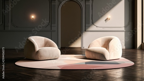 Minimalist interior with rounded armchairs and arched door.