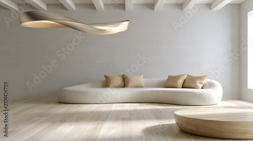 Minimalist living room with curved sofa and sculptural light.