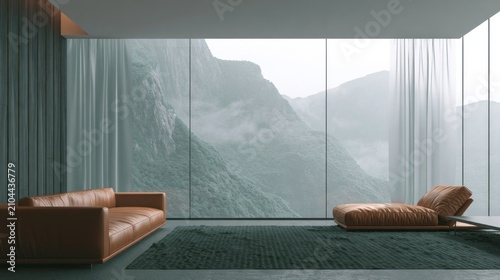 Minimalist living room with panoramic mountain view.