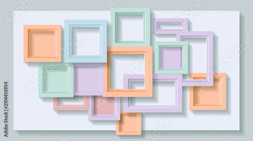 Minimalist pastel square frames arranged on horizontal layout.