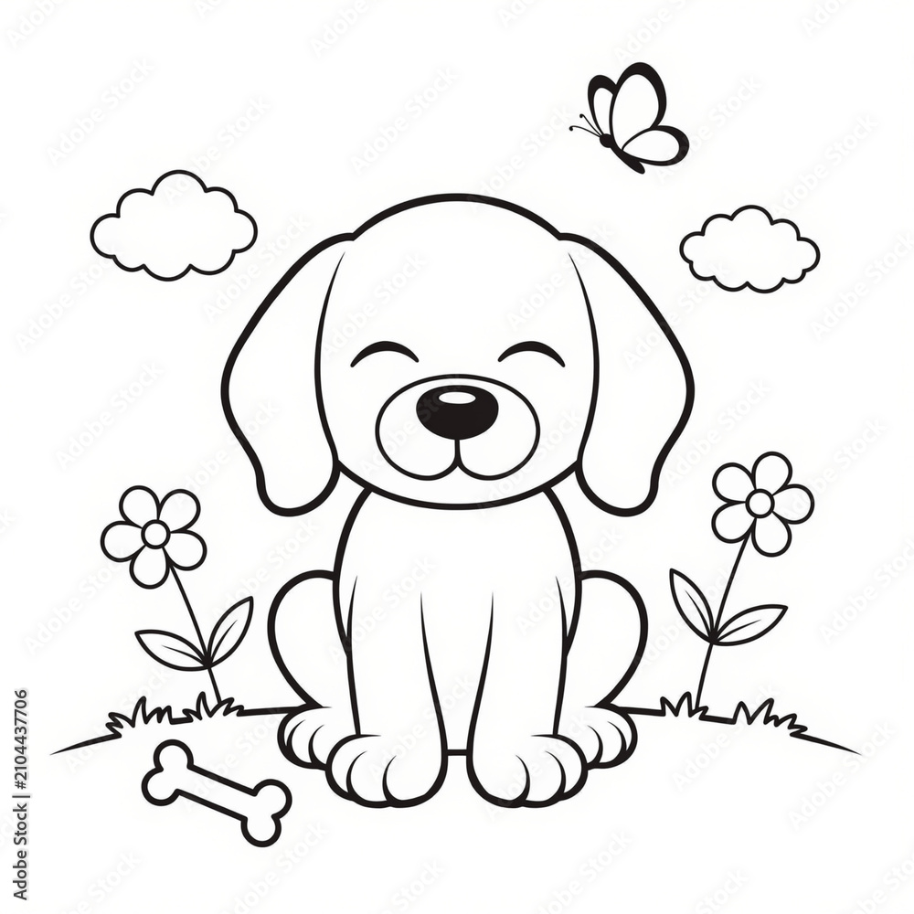 Obraz premium Cute Baby Dog Coloring Page for Kids - Simple Black and White Vector Line Art