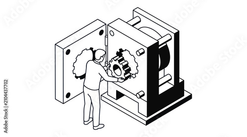 Technician servicing industrial injection molding machine for plastics.