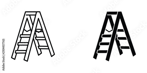Set of stepladder icons in outline and solid black styles for construction and home improvement design