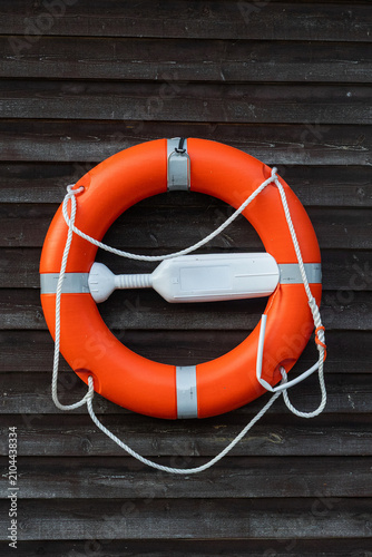 Картината върху платно Orange Lifebuoy Ring Mounted on Dark Wooden Wall