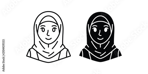 Foto Muslim woman wearing hijab icon set in outline and solid black style for modern