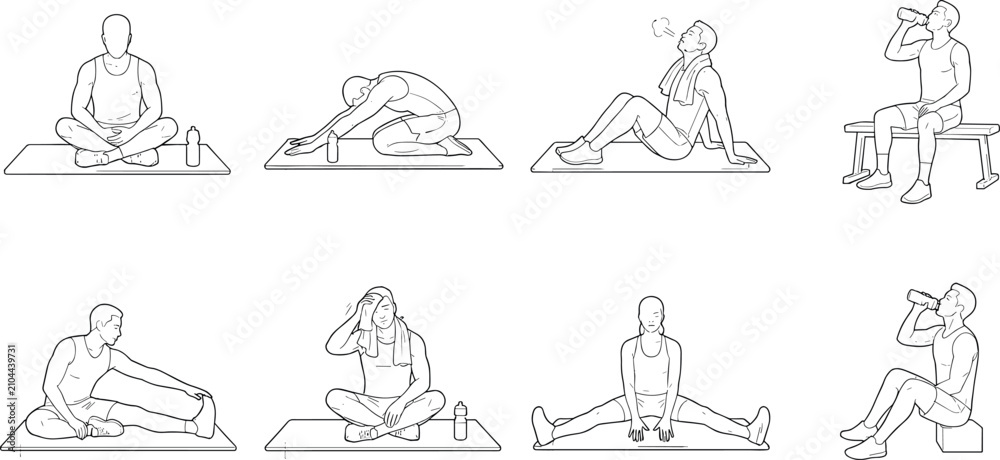 Obraz premium Collection of people stretching and hydrating during post workout recovery on mats and benches