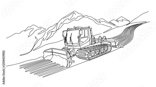 Foto Snow groomer machine preparing ski slope, line art illustration, mountain landsc