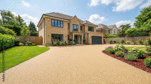Exterior of a detached house with a newly completed resin driveway installation