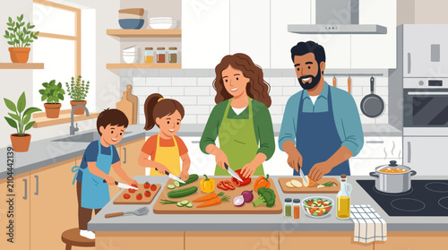 Happy family cooking healthy meal together in a bright modern kitchen