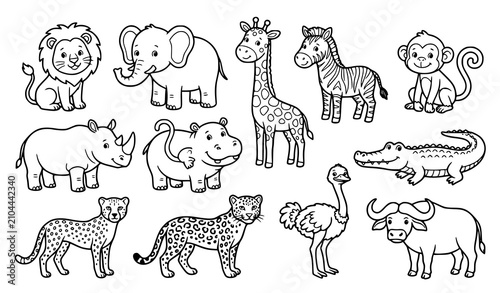 Canvas Print Hand Drawn Wild Safari Animal Collection Featuring Lion Elephant Giraffe Zebra C