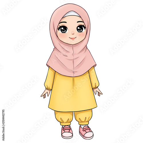 Cute little girl wearing a pink hijab and yellow outfit standing in a simple pose