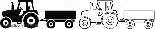 Tractor towing trailer in silhouette and outline on white background for agriculture and transport concepts