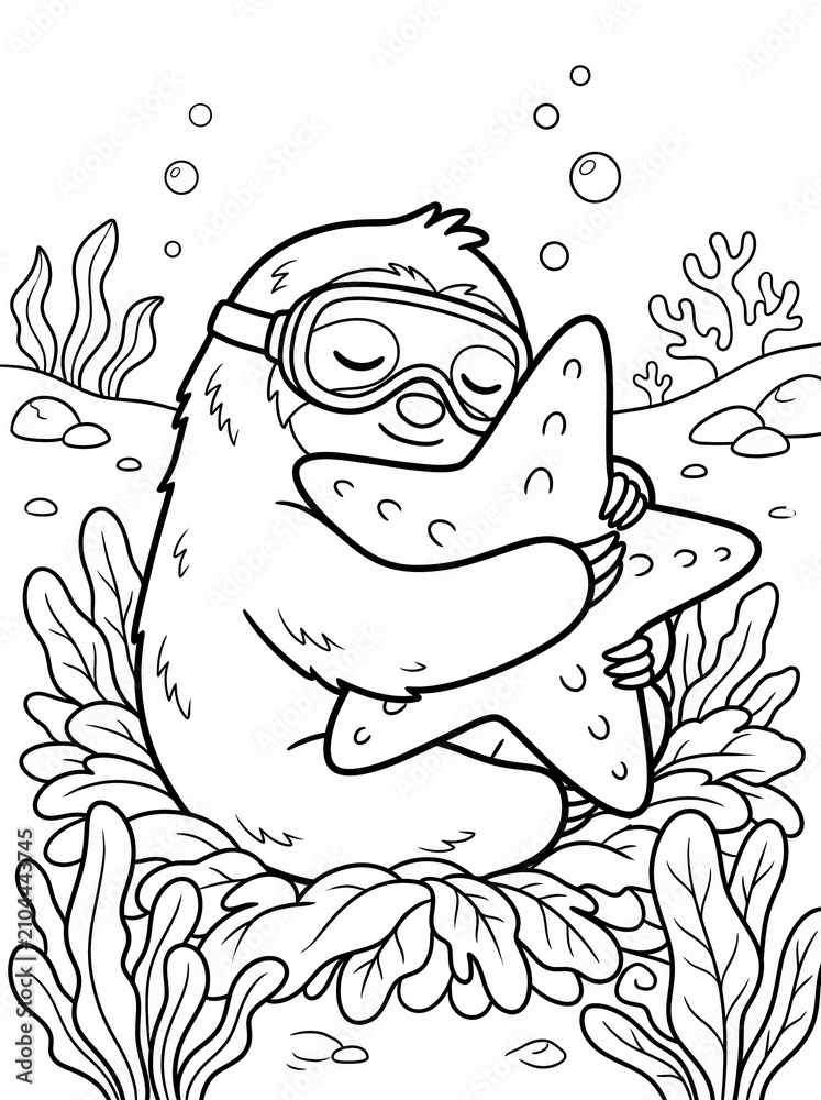 Fototapeta premium Coloring page, sleepy sloth hugging a giant starfish.