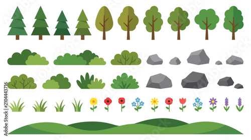 Forest Trees and Nature Elements Flat Vector Illustration Set