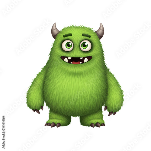 Cute green furry monster with small horns and a friendly smile isolated on white background