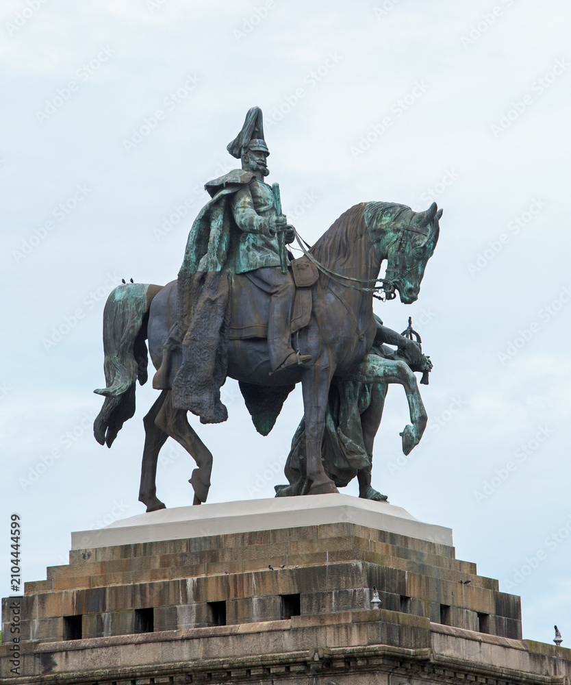 Fototapeta premium King Wilheim I equestrian bronze monument located on German Corner, where the Rhine and Moselle rivers meet.