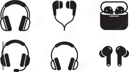 Six types of headphones and earbuds vector icons set Vector