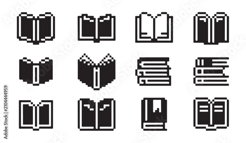 Foto Minimalist pixel book symbols for gaming user interface and digital reading app navigation
