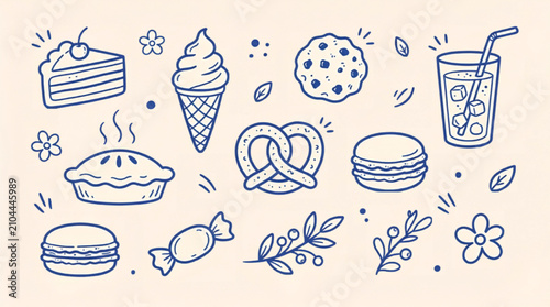 Foto Hand drawn dessert icons set, blue ink doodle bakery elements on beige backgroun