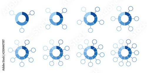 Obraz na płótnie A set of blue circular vector infographic charts featuring multiple segments and