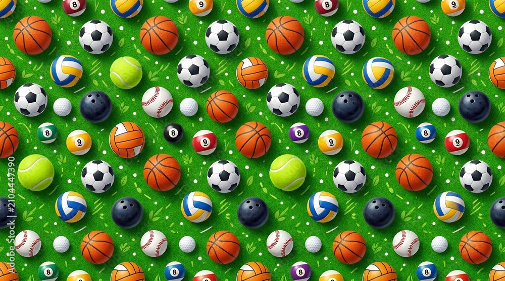 Fototapeta premium Spherical Sports Equipment Repeating Pattern on Vibrant Verdant Backdrop Green textured spherical sports equipment seamless motif vibrant grassy green backdrop with realistic3d ball elements