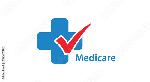 Blue medical cross with red checkmark medicare logo illustration