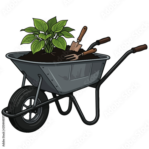 Gardening Wheelbarrow with Plant and Tools Vector Illustration