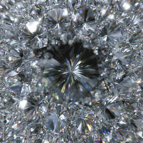 Breathtaking seamless kaleidoscope geometric pattern of hundreds of sparkling brilliant cut luxury white diamonds reflecting bright prismatic light and spectrum colors in a complex design.