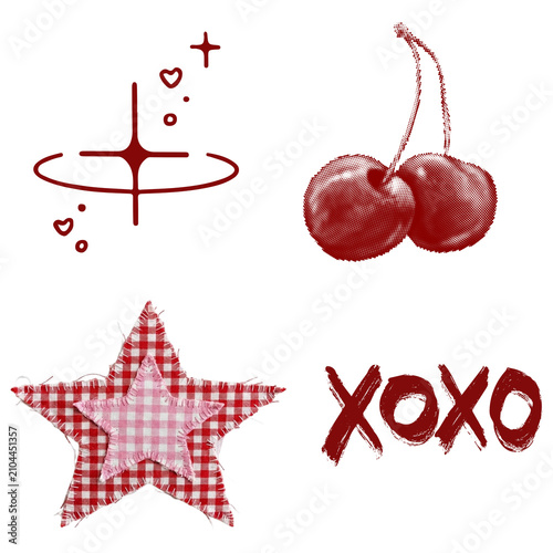 Hand Drawn Romantic Elements Set with Red Cherries Gingham Stars Sparkling Glitter and Handwritten XOXO Calligraphy Decor