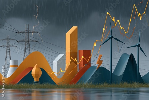 Energy production and market trends illustrated with wind turbines and power lines during rain