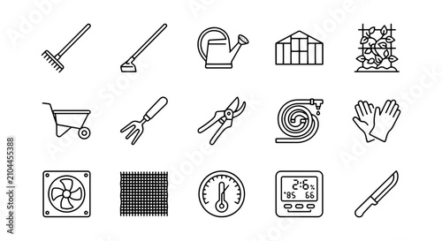 Fotografie Gardening Tools and Equipment Icons, Greenhouse, Watering Can, Rake, Wheelbarrow