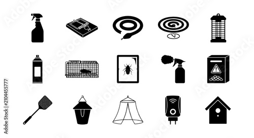 Bild auf Leinwand Pest Control Icons Set, Insect Repellent Tools, Bug Extermination Equipment, Vec