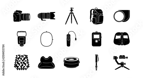 Foto Photography Gear Icons, Camera Equipment Vector Set, Digital Imaging Tools Colle